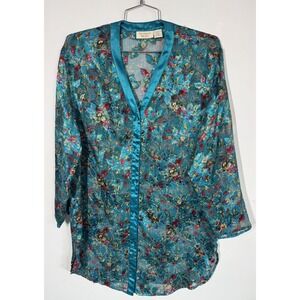 VTG Victoria's Secret‎ Sexy Sheer Turquoise Floral Satin Button Up Nightgown M/L